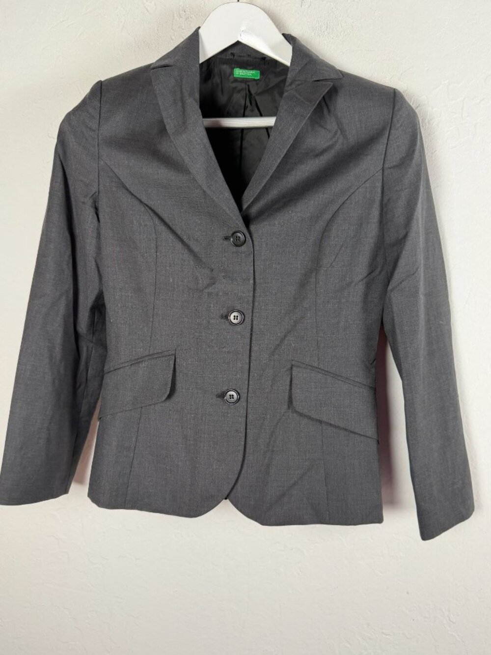 Benetton Women's 100% Wool Gray Notched Lapel Blazer Jacket Classic Size 40
